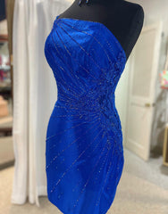 Royal Blue One Shoulder Tight Glitter Homecoming Dresses