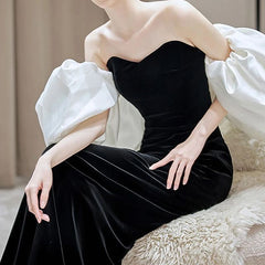 Puff Sleeve Off Shoulder Two Tone Velvet A-Line Evening Gown