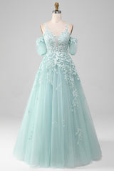 Mint A Line Tulle Off the Shoulder Lace Up Long Prom Dresses With Appliques