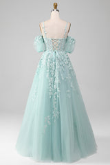 Mint A Line Tulle Off the Shoulder Lace Up Long Prom Dresses With Appliques