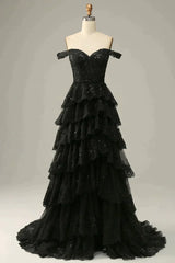 Sparkly Black Off The Shoulder Long Tiered Corset Prom Dresses With Sequin