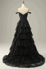 Sparkly Black Off The Shoulder Long Tiered Corset Prom Dresses With Sequin