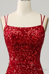 Red Sparkly Mermaid Backless Long Prom Dress with Fringes