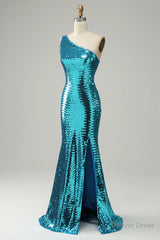 Sparkly Blue Sequins One Shoulder Long Prom Dress with Slit