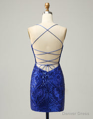 Royal Blue V-Neck Corset Back Homecoming Dress With Sequin