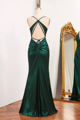 Dark Green Mermaid Spaghetti Straps Keyhole Long Prom Dresses With Slit