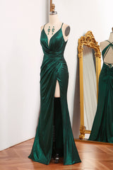 Dark Green Mermaid Spaghetti Straps Keyhole Long Prom Dresses With Slit