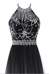 Classy Black And White Halter Lace Up Long Beaded Prom Dresses