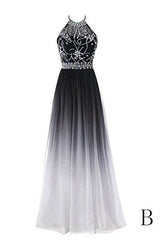 Classy Black And White Halter Lace Up Long Beaded Prom Dresses