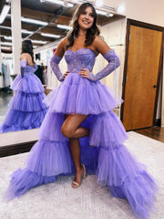 A-Line Asymmetrical Strapless Tiered Tulle Prom Dresses