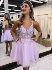 A-Line Backless Tulle Appliqued Homecoming Dresses