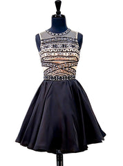 A-line Beaded Crystals Backless Black Short Homecoming Dresses