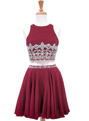 A-line Beaded Crystals Burgundy Chiffon Two Piece Homecoming Dresses