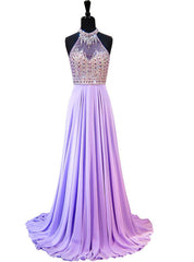 A-line Beaded Crystals Floor Length Backless Lilac Chiffon Prom Dresses