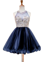 A-line Beaded Crystals Navy Blue Party Homecoming Dresses