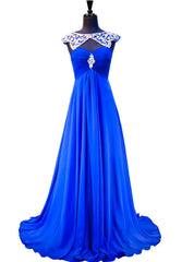 A-line Beaded Crystals Royal Blue Backless Chiffon Prom Dresses