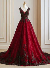 A-line Black and Red Tulle with Lace Party Dresses, Black and Red Formal Dresses