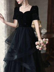 A-line Black Layers Short Sleeves Prom Dresses, Black Velvet and Tulle Party Dresses