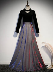 A-Line Black Long Sleeve Velvet Prom Dresses