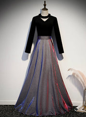 A-Line Black Long Sleeve Velvet Prom Dress