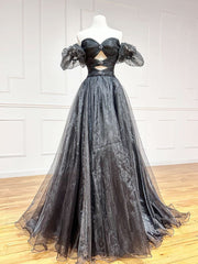 A-Line Black Organza Long Prom Dresses