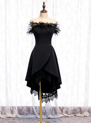 A-Line Black Satin  Lace Of the Shoulder Prom Dresses