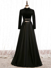 A-Line Black Satin High Neck Long Sleeve Prom Dresses