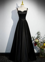 A-line Black Satin Straps Long Formal Dresses, Black Simple Prom Dresses