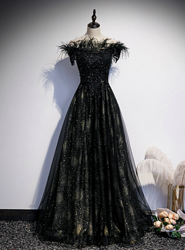 A-Line Black Sequins Off the Shoulder Feather Prom Dress