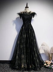 A-Line Black Sequins Off the Shoulder Feather Prom Dresses