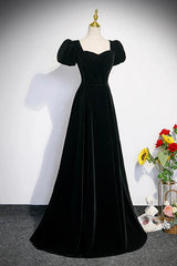 A-line Black Short Sleeves Velvet Long Party Dresses, Black Simple Bridesmaid Dresses