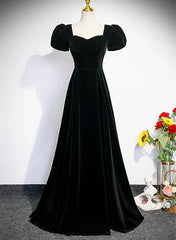 A-line Black Short Sleeves Velvet Long Party Dresses, Black Simple Bridesmaid Dresses