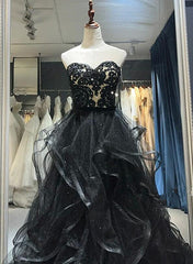 A-line Black Sweetheart Tulle Layers Long Party Dresses, Black Tulle Prom Dresses