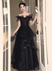 A-line Black Tulle and Lace Off Shoulder Party Dresses, Black Long Formal Dresses