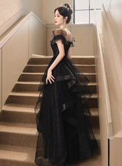 A-line Black Tulle and Lace Off Shoulder Party Dresses, Black Long Formal Dresses