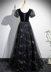 A-line Black Tulle and Velvet Long Party Dresses, Black Prom Dresses