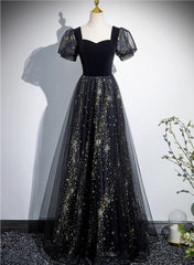 A-line Black Tulle and Velvet Long Party Dresses, Black Prom Dresses