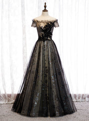 A-Line Black Tulle Sequins Off the Shoulder Long Prom Dresses