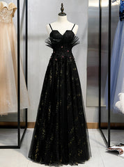 A-Line Black Tulle Sequins Spaghetti Straps Prom Dresses