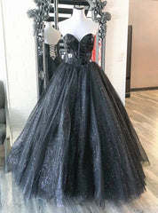 A-Line Black Tulle Sequins Strapless Prom Dresses