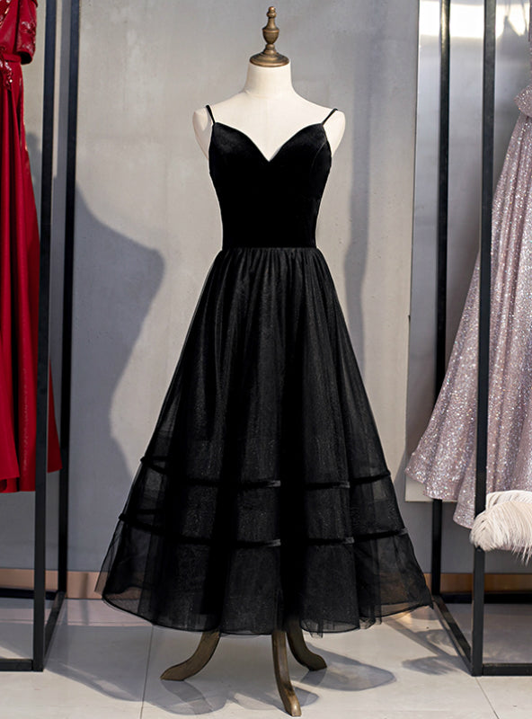 A-Line Black Tulle Spagehtti Straps Tulle Tea Length Prom Dress