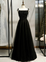 A-Line Black Tulle Spaghetti Straps Tulle Beading Prom Dresses