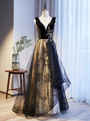 A-Line Black Tulle Velvet Sequins Prom Dresses