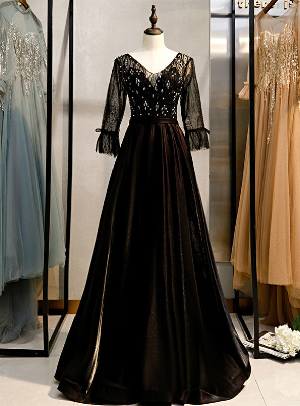 A-Line Black V-neck 3/4 Sleeve Crystal Prom Dress