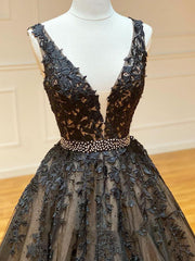 A Line Black V Neck Lace Long Prom Dresses