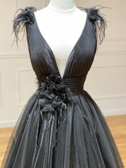 A Line Black V Neck Tulle Long Prom Dresses