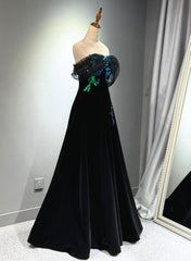 A-line Black Velvet and Tulle Off Shoulder Party Dresses, Black Long Prom Dresses