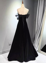 A-line Black Velvet and Tulle Off Shoulder Party Dresses, Black Long Prom Dresses