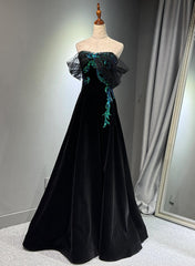 A-line Black Velvet and Tulle Off Shoulder Party Dresses, Black Long Prom Dresses