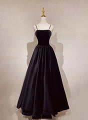 A-Line Black Velvet Floor-Length Prom Dresses, Pearls Spaghetti Straps Long Party Dresses